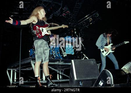 Milano Italia 1993-11-18: Billy Sheehan bassista e Paul Gilbert chitarrista del gruppo Mr.Big in concerto al Palatrussardi Foto Stock