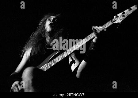 Milano Italia 1993-11-18: Billy Sheehan bassista del gruppo Mr.Big in concerto al Palatrussardi Foto Stock