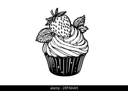 Cupcake con frutti di bosco a forma di incisione. Schizzo dell'inchiostro isolato su sfondo bianco. Illustrazione vettoriale disegnata a mano. Illustrazione Vettoriale