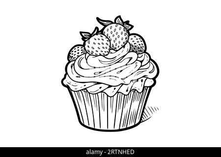 Cupcake con frutti di bosco a forma di incisione. Schizzo dell'inchiostro isolato su sfondo bianco. Illustrazione vettoriale disegnata a mano. Illustrazione Vettoriale