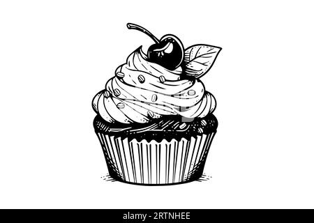 Cupcake con frutti di bosco a forma di incisione. Schizzo dell'inchiostro isolato su sfondo bianco. Illustrazione vettoriale disegnata a mano. Illustrazione Vettoriale