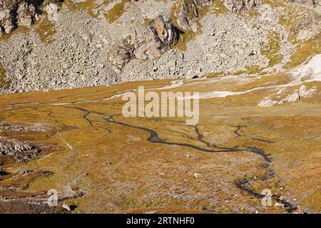 torrente serpeggiante sull'altopiano alpino di Greina, Surselva Foto Stock