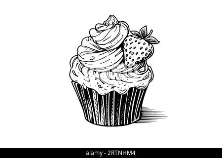 Cupcake con frutti di bosco a forma di incisione. Schizzo dell'inchiostro isolato su sfondo bianco. Illustrazione vettoriale disegnata a mano. Illustrazione Vettoriale