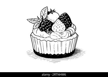 Cupcake con frutti di bosco a forma di incisione. Schizzo dell'inchiostro isolato su sfondo bianco. Illustrazione vettoriale disegnata a mano. Illustrazione Vettoriale