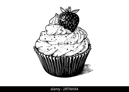 Cupcake con frutti di bosco a forma di incisione. Schizzo dell'inchiostro isolato su sfondo bianco. Illustrazione vettoriale disegnata a mano. Illustrazione Vettoriale