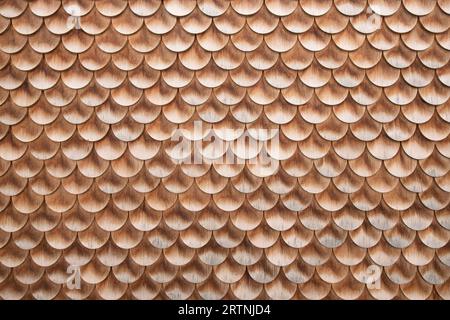 Tegole in legno a fondo sferico di fianco murale della storica casa colonica. Struttura a ciottoli, tetto o facciata in legno. Struttura architettonica tradizionale in legno. Foto Stock