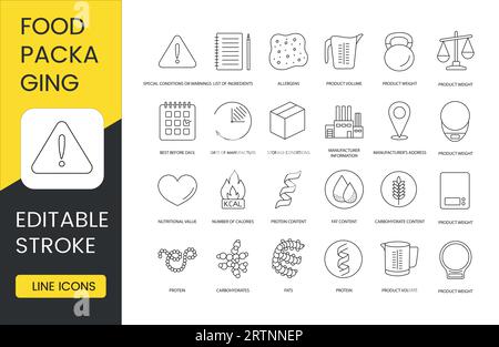 Etichette sugli imballaggi dei prodotti alimentari, serie di icone delle linee in vettore, elenco degli ingredienti e condizioni o avvertenze speciali, allergeni, volume e. Illustrazione Vettoriale