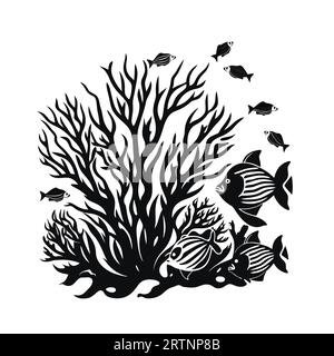 Pesci disegnati a mano e silhouette di alghe isolate su sfondo bianco. Icone vettoriali e illustrazione timbro. Illustrazione Vettoriale