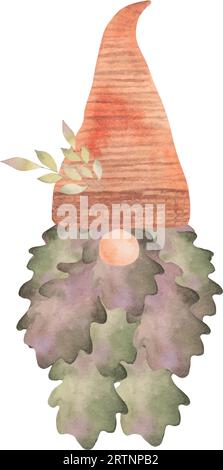 Grazioso gnomo autunnale. Personaggio da favola. Illustrazione botanica per le vacanze stagionali. Giorno del Ringraziamento, Halloween.illustrazione acquerello.fatto a mano isolato Illustrazione Vettoriale