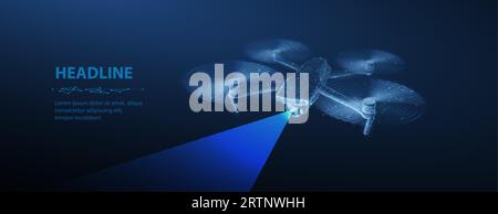 Drone. Drone 3d astratto isolato su blu. Tecnologia militare, monitoraggio aereo Illustrazione Vettoriale