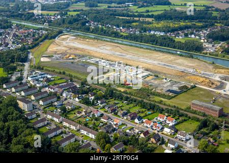 Luftbild, Wasserstadt Aden, Baugebiet für geplantes Stadtquartier auf dem Gelände der ehemaligen Zeche Haus Aden, Oberaden, Bergkamen, Ruhrgebiet, Nordrhein-Westfalen, Deutschland ACHTUNGxMINDESTHONORARx60xEURO *** Vista aerea, Wasserstadt Aden, area di costruzione del quartiere urbano previsto sul sito dell'ex miniera Haus Aden, Oberaden, Bergkamen, regione della Ruhr, Renania settentrionale-Vestfalia, Germania ATTENTIONxMINESTHONORARx60xEURO Foto Stock