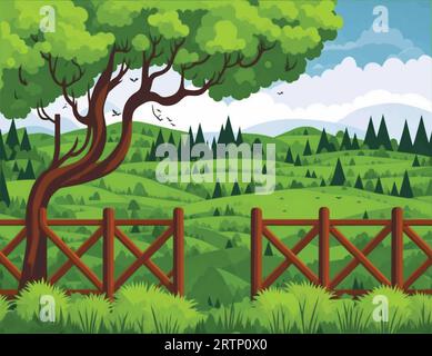 Alberi e un campo in un ambiente naturale Illustrazione Vettoriale