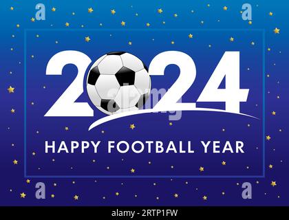 Striscione blu dell'anno di calcio 2024. Decorazioni natalizie con disegno a cifre con pallone da calcio per striscioni, biglietti di auguri o inviti di Capodanno. Vectoк Illustrazione Vettoriale
