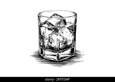 Bicchiere di whisky o bourbon disegnato a mano. Illustrazione vettoriale stile incisione. Illustrazione Vettoriale