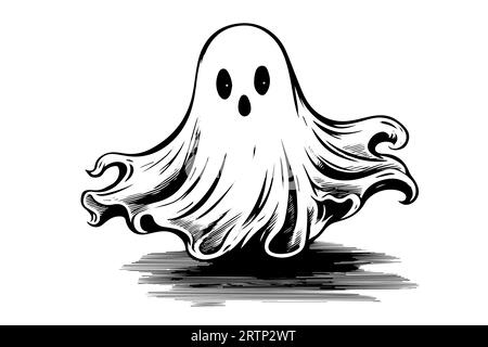 Illustrazione dello stile dell'incisione Vector Flying Ghost Scary disegnata a mano. Illustrazione Vettoriale