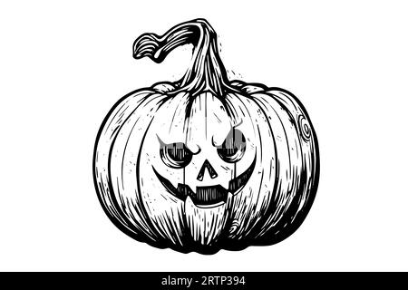 Mascotte con testa di zucca di Halloween incisione a inchiostro disegno a mano illustrazione vettoriale. Illustrazione Vettoriale