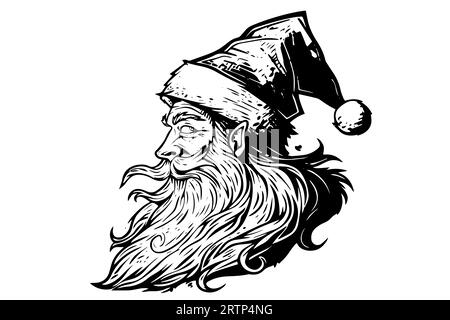 La testa di Babbo Natale in uno schizzo di cappello disegnato a mano in un'illustrazione vettoriale in stile incisione. Illustrazione Vettoriale