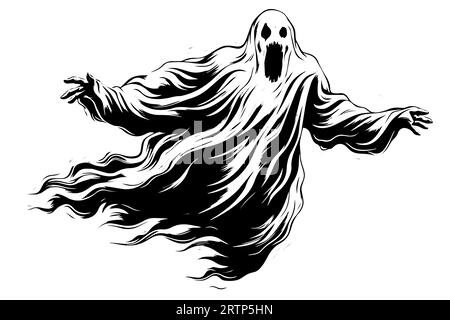 Illustrazione dello stile dell'incisione Vector Flying Ghost Scary disegnata a mano. Illustrazione Vettoriale