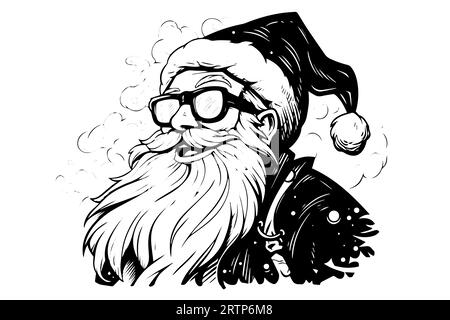 La testa di Babbo Natale in uno schizzo di cappello disegnato a mano in un'illustrazione vettoriale in stile incisione. Illustrazione Vettoriale