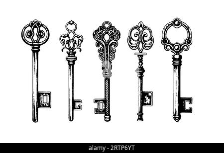 Illustrazione vintage della collezione di chiavi vittoriane. Set di serrature gotiche medievali. Chiavi vettoriali nell'incisione Illustrazione Vettoriale