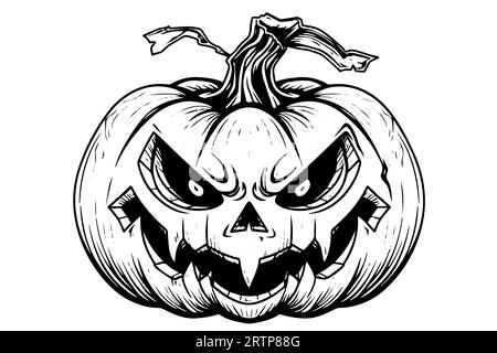 Mascotte con testa di zucca di Halloween incisione a inchiostro disegno a mano illustrazione vettoriale. Illustrazione Vettoriale