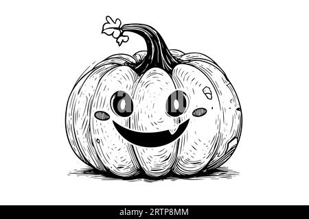 Mascotte con testa di zucca di Halloween incisione a inchiostro disegno a mano illustrazione vettoriale. Illustrazione Vettoriale