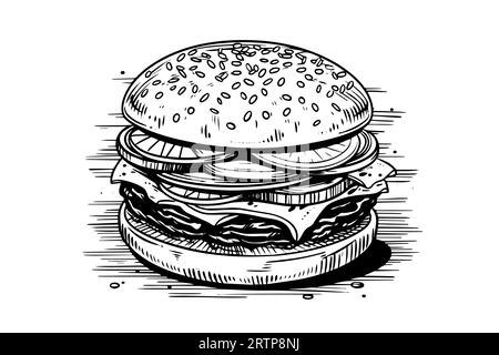 Hamburger in stile incisione. Illustrazione vettoriale disegnata a mano dell'hamburger. Illustrazione Vettoriale