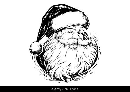 La testa di Babbo Natale in uno schizzo di cappello disegnato a mano in un'illustrazione vettoriale in stile incisione. Illustrazione Vettoriale