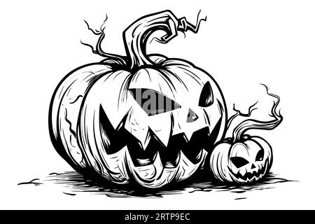 Mascotte con testa di zucca di Halloween incisione a inchiostro disegno a mano illustrazione vettoriale. Illustrazione Vettoriale
