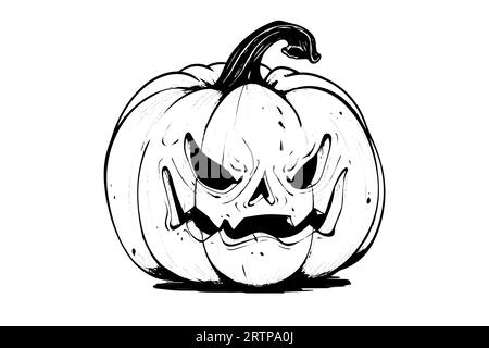 Mascotte con testa di zucca di Halloween incisione a inchiostro disegno a mano illustrazione vettoriale. Illustrazione Vettoriale