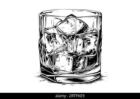 Bicchiere di whisky o bourbon disegnato a mano. Illustrazione vettoriale stile incisione. Illustrazione Vettoriale