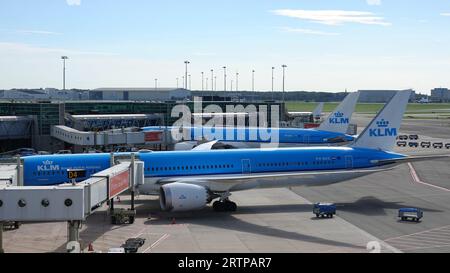 Schiphol, Paesi Bassi - 14 agosto 2023: Un aereo Boeing 787-10 della KLM Royal Dutch Airlines è collegato al gate D4 dell'aeroporto di Amsterdam Schiph Foto Stock