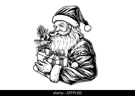 La testa di Babbo Natale in uno schizzo di cappello disegnato a mano in un'illustrazione vettoriale in stile incisione. Illustrazione Vettoriale