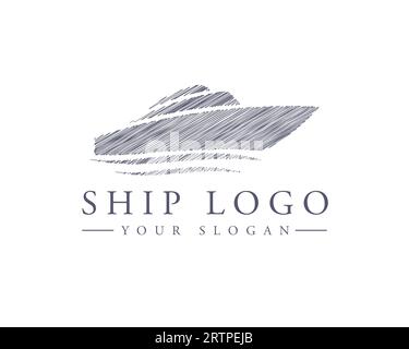 Modello vettore disegno logo yacht. Concetto di logotipo di nave di lusso. Disegno del logo di spedizione della linea di schizzo Illustrazione Vettoriale