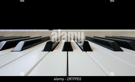 immagine tridimensionale con pianoforte digitale o sintetizzatore e angolo di ripresa bianco. Primo piano del rendering 3d dei tasti del pianoforte Foto Stock