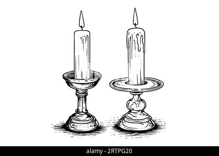 Spesse candele di natale che bruciano. Illustrazione vettoriale dello stile di incisione dello schizzo disegnato a mano. Illustrazione Vettoriale