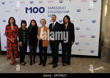 Potsdam, Germania, 14 settembre 2023, (l-r) Jasmin Tabatabai, Mersedeh Shahinkar, Shima Babaei, Ursula von der Leyen, Mike Schubert, Düzen Tekkal partecipa all'M100 Media Award al movimento iraniano "donne, vita, libertà" nell'Orangerie a Park Sanssouci. Sven Sstruck/Alamy Live News Foto Stock