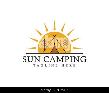 Disegno illustrativo di icone vettoriali modello con logo Sunset Camping. Design creativo del logo Sun Camping Illustrazione Vettoriale