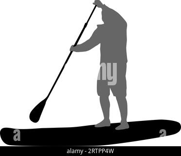 Silhouette della barca e dei remi Sport Sup. su sfondo bianco. Illustrazione Vettoriale