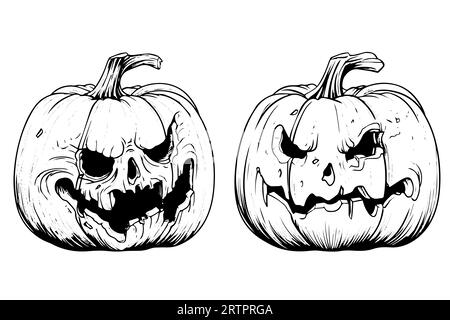 Mascotte con testa di zucca di Halloween incisione a inchiostro disegno a mano illustrazione vettoriale. Illustrazione Vettoriale