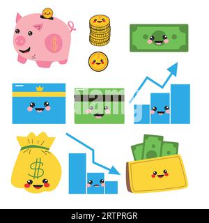 set di icona finanziaria banc, borsa di denaro Illustrazione Vettoriale