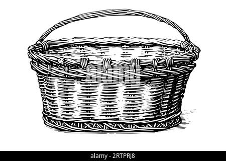 Disegno a mano del cestino di vimini. Illustrazione vettoriale incisa. Il modello per i lavori di progettazione. Illustrazione Vettoriale