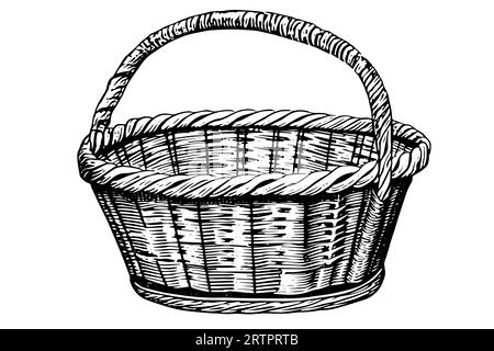 Disegno a mano del cestino di vimini. Illustrazione vettoriale incisa. Il modello per i lavori di progettazione. Illustrazione Vettoriale