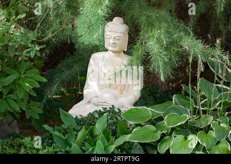 Statua di Buddha in un giardino verde. Foto Stock