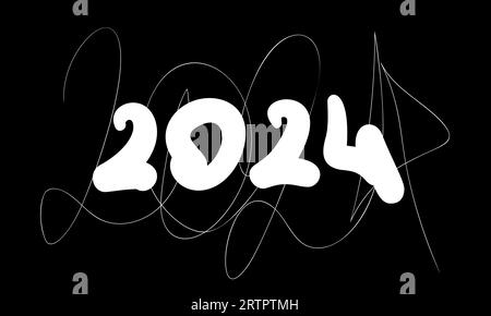 2024 anno di data numeri scritti a mano linee bianche spesse e sottili e ​scribble doodle su sfondo nero, illustrazione vettoriale Illustrazione Vettoriale