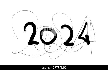 2024 anno di data numeri scritti a mano linee nere spesse e sottili e doodle ​scribble, illustrazione vettoriale Illustrazione Vettoriale