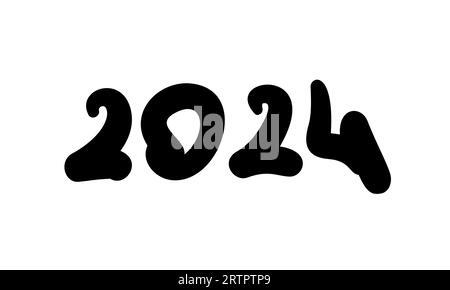 2024 anni numeri scritti a mano linee nere in grassetto Doodle isolate su sfondo bianco, illustrazione vettoriale Illustrazione Vettoriale