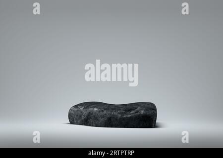 piedistallo di presentazione 3d realizzato in roccia nera naturale. rendering 3d del mockup del podio di presentazione a scopo di visualizzazione o pubblicità Foto Stock