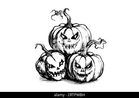 Mascotte con testa di zucca di Halloween incisione a inchiostro disegno a mano illustrazione vettoriale. Illustrazione Vettoriale