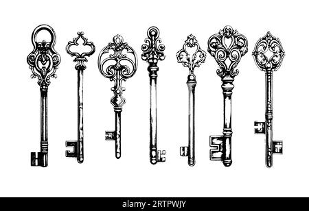 Illustrazione vintage della collezione di chiavi vittoriane. Set di serrature gotiche medievali. Chiavi vettoriali nell'incisione Illustrazione Vettoriale